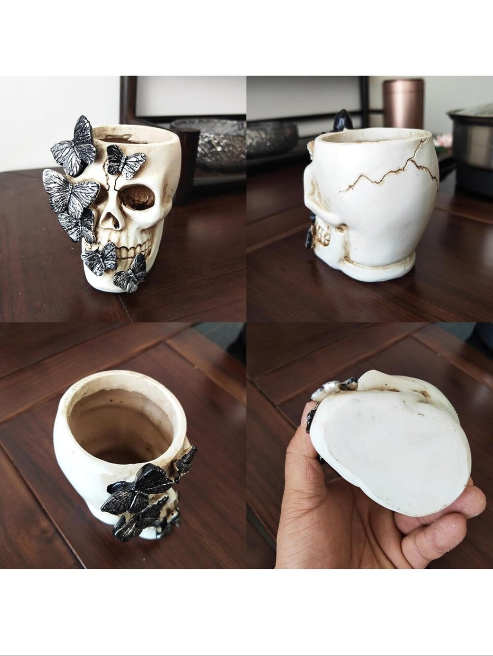 Decorative Skull Pen Holder with Silver Butterflies - White